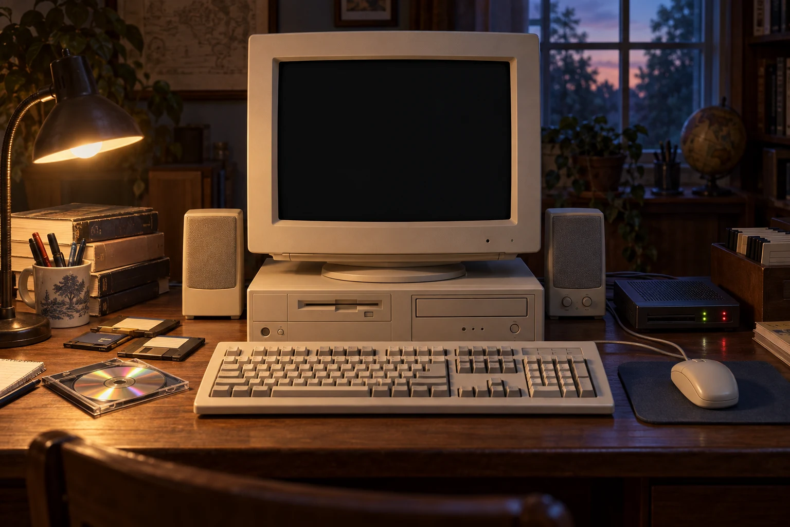 Una computadora beige sobre un escritorio de madera, con monitor CRT, teclado, disquetes, CD-ROM, bocinas y módem de los años noventa.